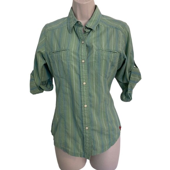 The North Face Shirt Womens Medium Blue White Roll Tab Cotton Snap Button Up - Picture 1 of 11